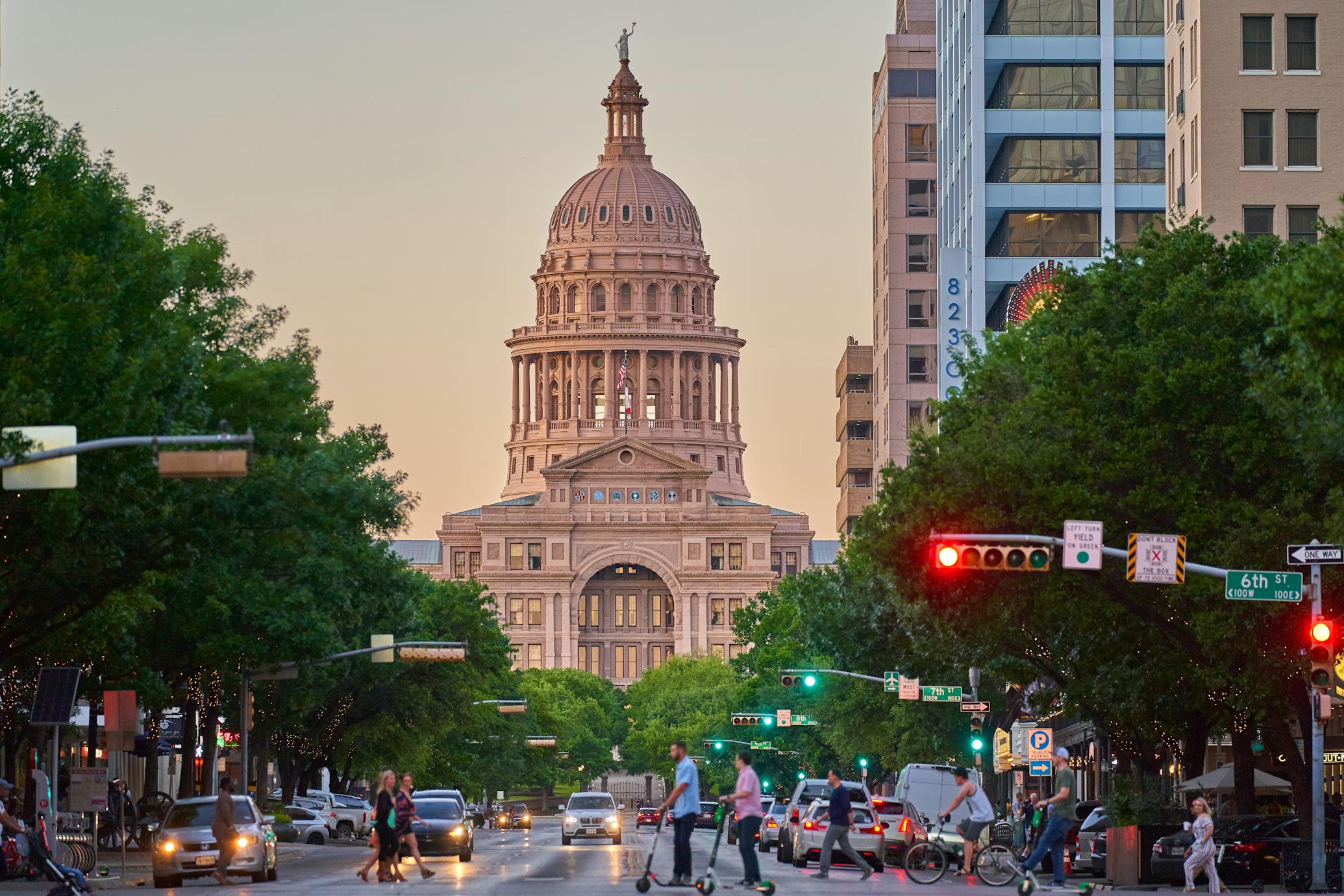 Texas State Capitol from Congress Avenue at sunset